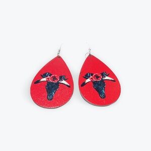 Red Teardrop‎ Earrings with Floral Bull Design